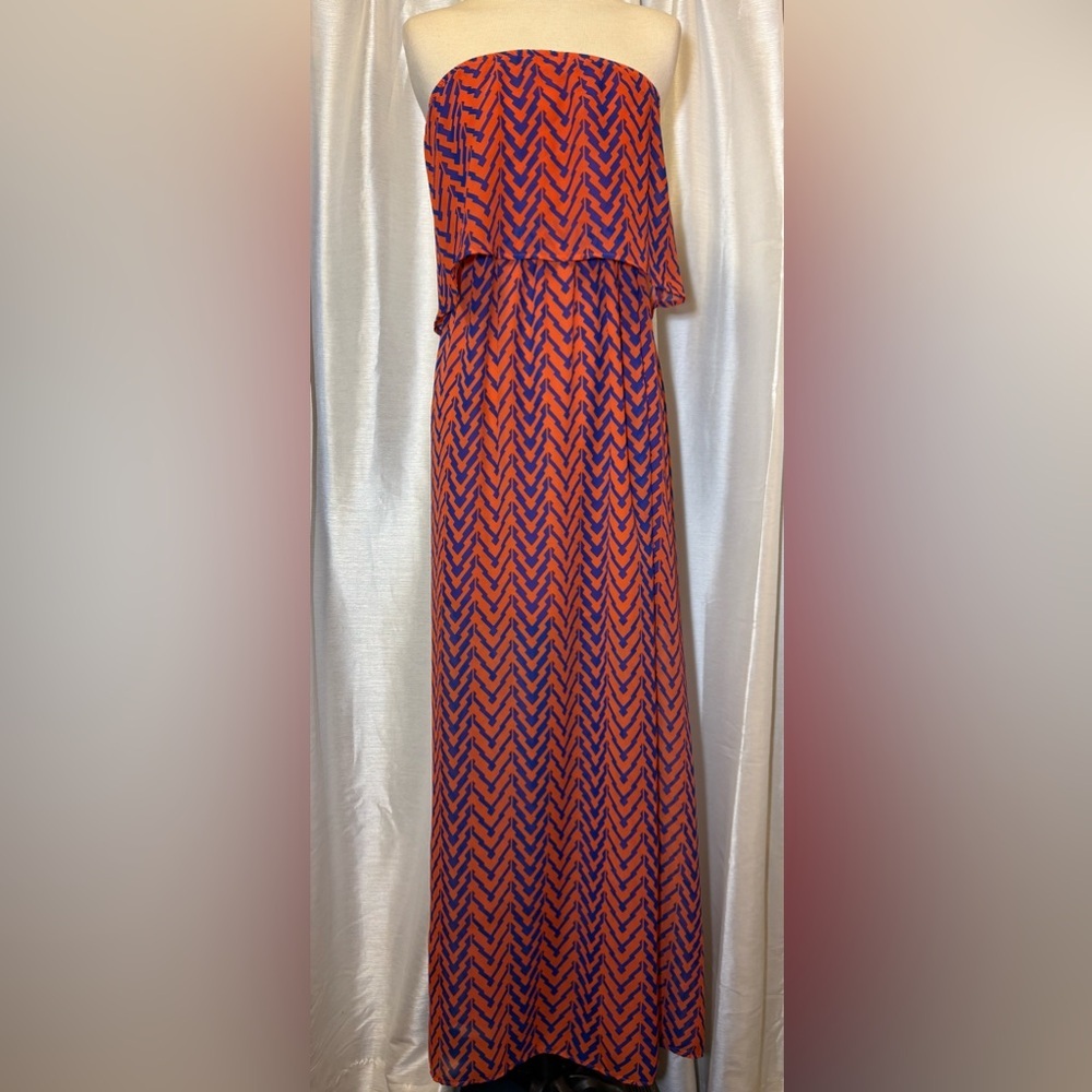 Buddy Love Orange & Blue Chevron Strapless Maxi Dress Large